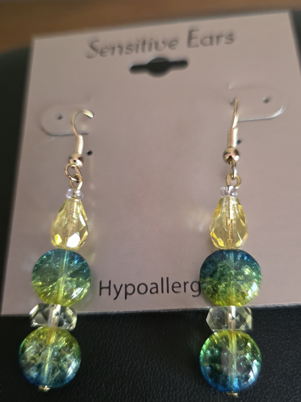 Hypoallergenic Yellow and Teal Glass Bead Drop Earrings